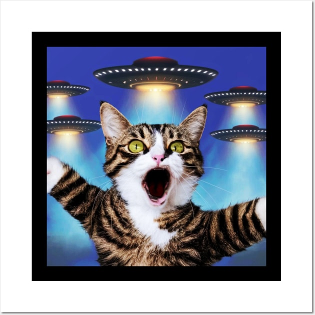 Selfie of Funny Cat And Aliens UFOs 3 Wall Art by Megadorim